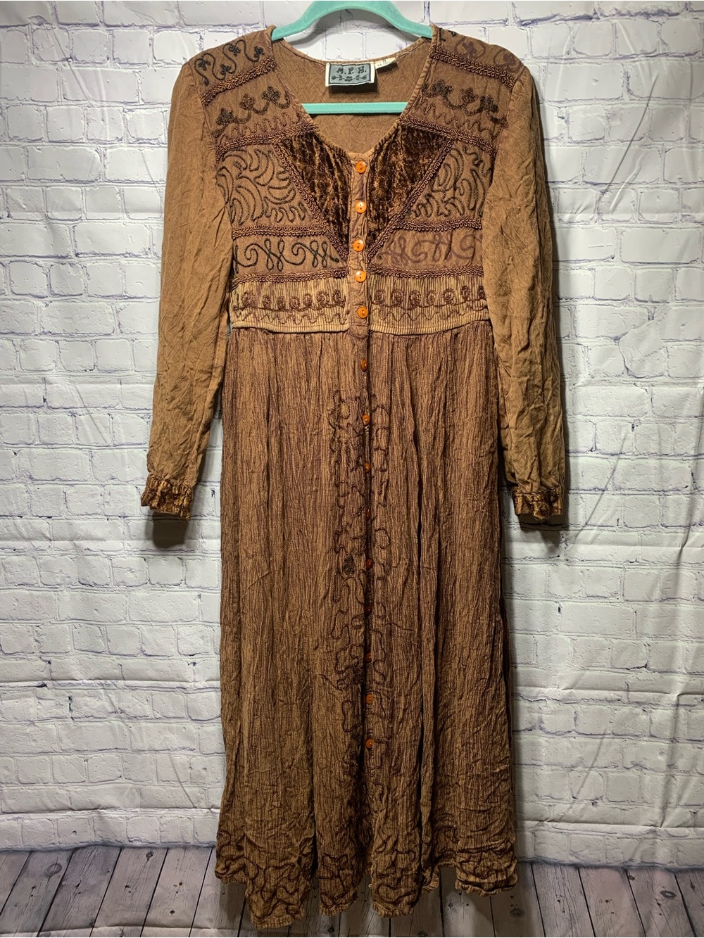 M.P.H Womens Y2K Grunge Embroidered Maxi Dress Brown Sz M Whimsigoth Grunge